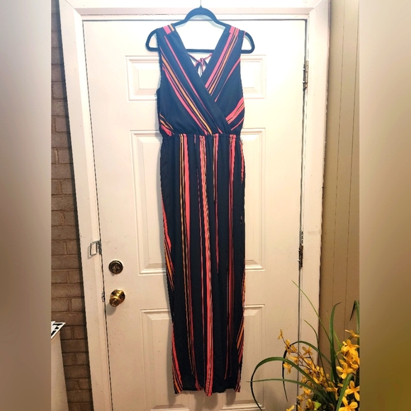 Charlotte Russe Pants - Charlotte Russe Blue and Pink Sleeveless V-Neck Jumpsuit